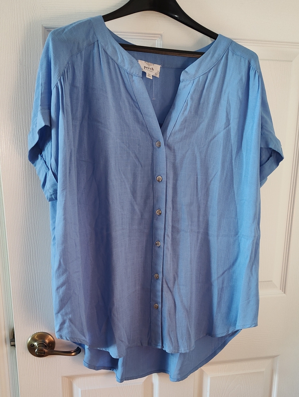 Blue Short-Sleeve Button Front Blouse